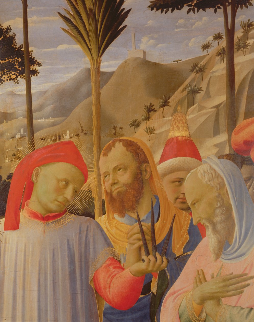 Santa Trinita Altarpiece，细节展示了一群男人，可能包括Nicodemus和Arimathaea的约瑟夫，c.1434（面板上的蛋彩画和黄金） 作者 弗拉·安杰利科