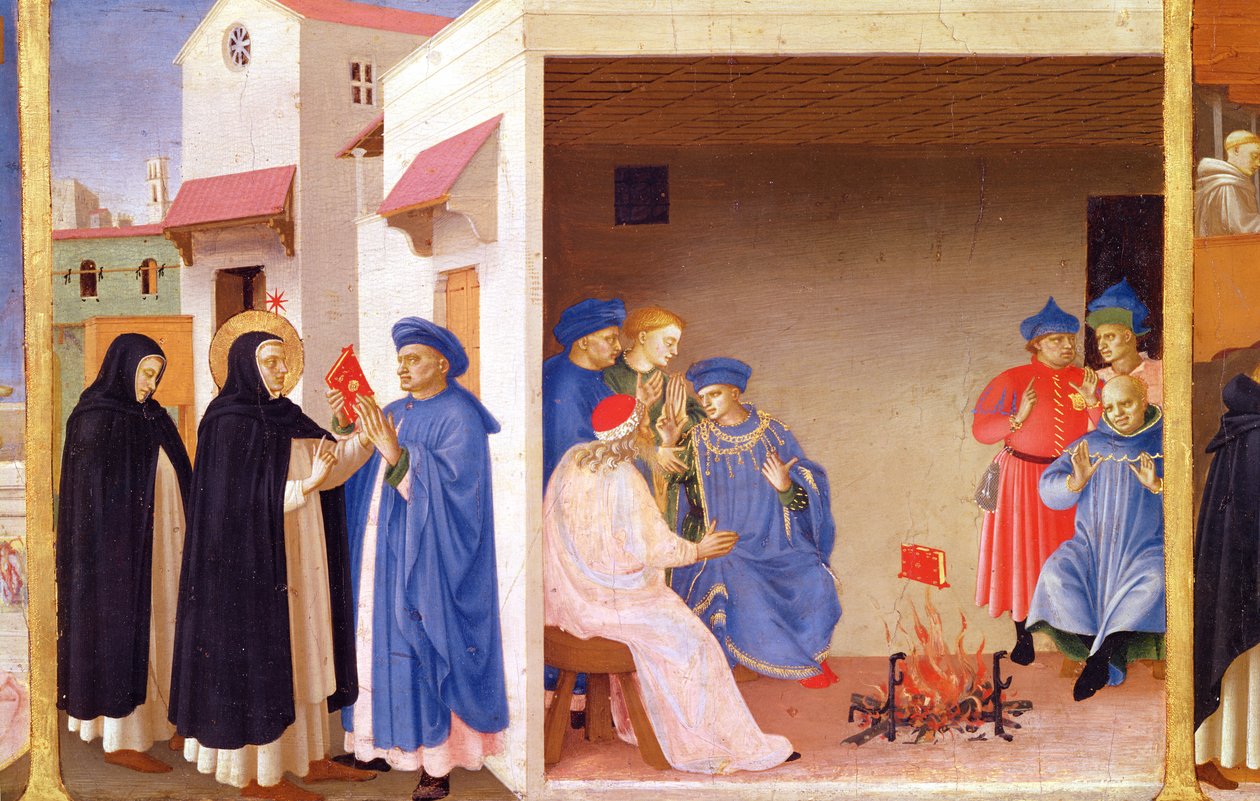 圣母玛利亚的加冕典礼，圣多米尼克的细节将这本书交还给Albigensians，c.1430-32（面板上的蛋彩画） 作者 弗拉·安杰利科