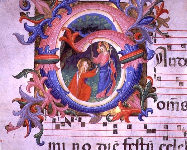 558页64v历史性的首字母 "G"，描绘了 "Noli Me Tangere"，来自1430年代初的一份弥撒的细节（牛皮纸）。 作者 弗拉 （c.1387-1455）安吉利科