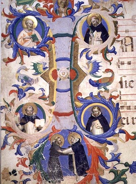 Ms 558 f.67v 历史性的首字母 "I "描绘了（顺时针方向）SS.Augustine, Ambrose, Peter Martyr, Gregory, and Jerome, detail from a Missal, early 1430s (vellum) (detail of 88937) 作者 弗拉 （c.1387-1455）安吉利科