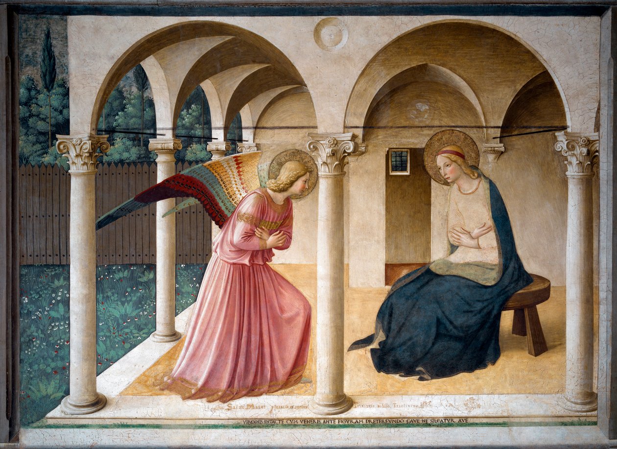 报喜。 Guido di Pietro（或 Fra Giovanni da Fiesole）的壁画，被称为 Fra Angelico 或 il Beato（1400-1455）。 1442 230 cm x 321 cm 佛罗伦萨圣马可博物馆。 作者 弗拉·安杰利科
