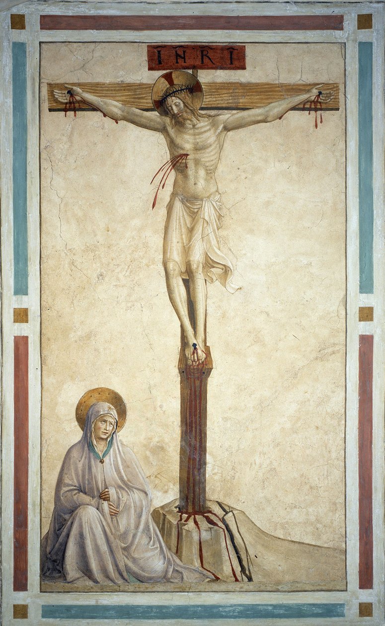 与圣母玛利亚一起被钉在十字架上。十字架上刻有 "INRI"。Guido di Pietro（或Fra Giovanni da Fiesole）的壁画，被称为Fra Angelico或il Beato（1400-1455）。 作者 弗拉·安杰利科