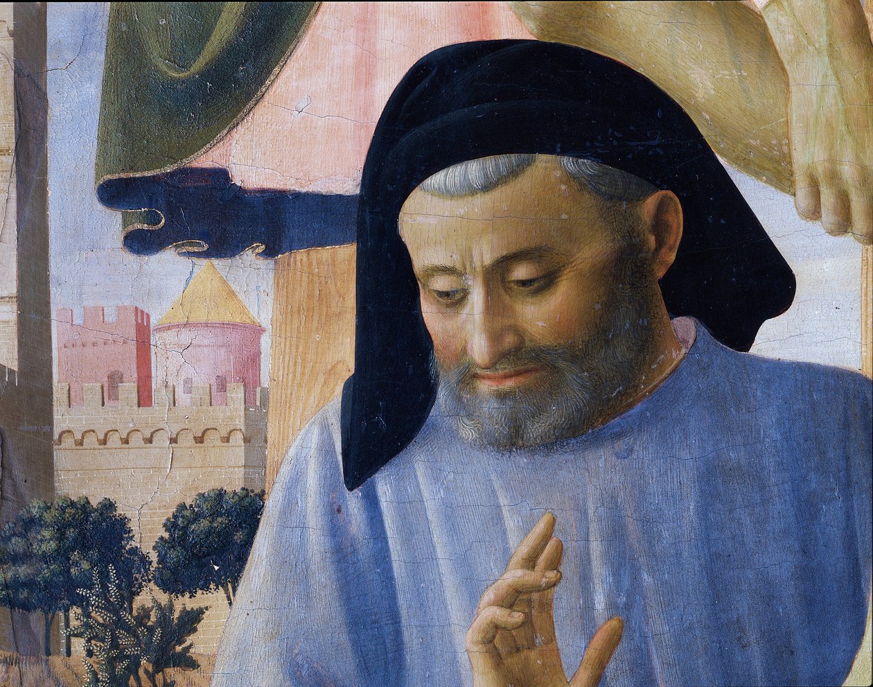 推测为建筑师Michelozzo Michelozzi的画像。基督的沉积或圣三一祭坛画的细节（木板上的淡彩画 作者 弗拉·安杰利科