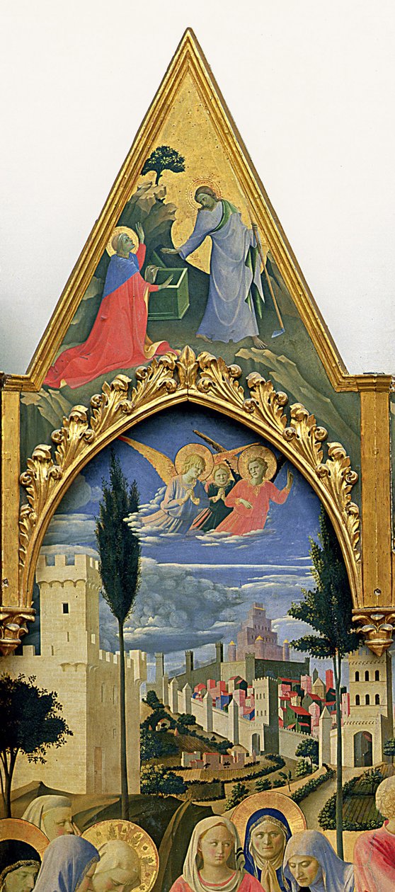 洛伦佐·摩纳哥（Piero di Giovanni）（约 1370-1425 年）的圣特里尼塔祭坛画、框架和尖塔，约于 1434 年完成（面板上的蛋彩画和金色）（43967 的细节） 作者 弗拉·安杰利科