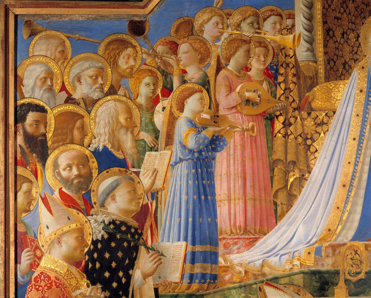 圣母加冕，圣人和天使音乐家的细节。 Guido di Pietro（或 Fra Giovanni da Fiesole）的画作，来自 Fra Angelico ou il Beato（1387-1455） 作者 弗拉·安杰利科