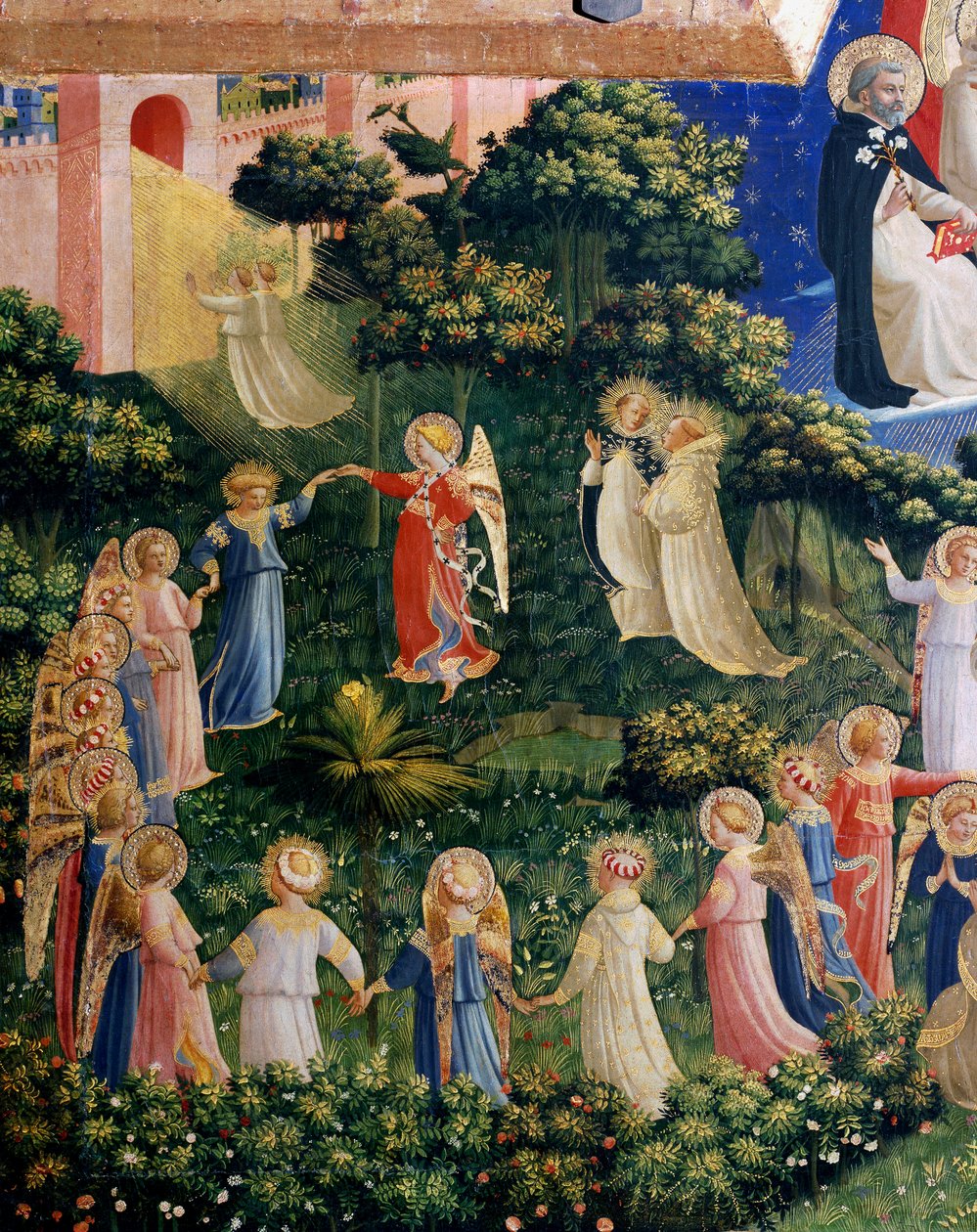 天堂最后的审判细节，光环灵魂的轮回。 Guido di Pietro（或 Fra Giovanni da Fiesole）在木材上的 Detrempe 同 Fra Angelico 或 il Beato（1400-1455）。 暗淡。 105x210 厘米圣马可博物馆。 佛罗伦萨 作者 弗拉·安杰利科