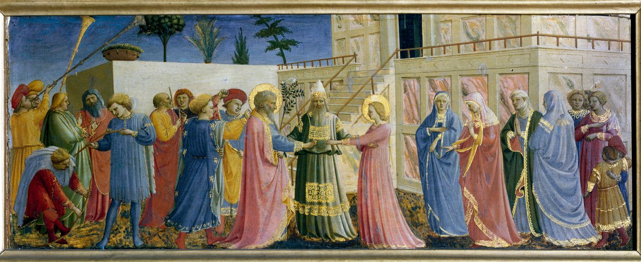 处女普雷德尔的婚礼。 Guido di Pietro（或 Fra Giovanni da Fiesole）在木头上作画，来自 Fra Angelico ou il Beato（1400-1455） 作者 弗拉·安杰利科