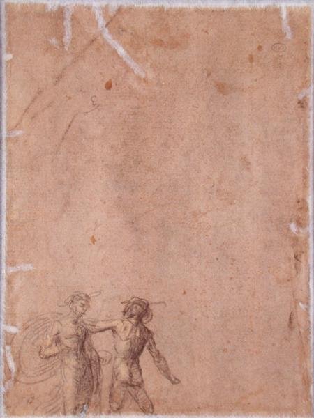 两个数字（反面）（黑色和黄色粉笔在纸上用白色加高）（正面看152658） 作者 Fra 1472 1517 Bartolommeo