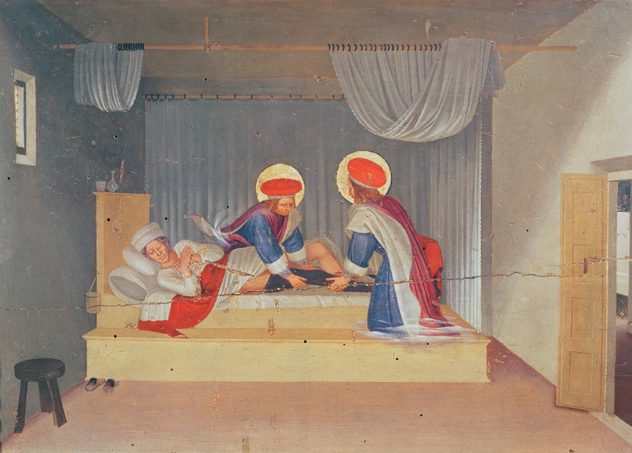 祭坛，圣母和儿童被天使和八圣徒包围。 Predella：Saint Cosmas和Saint Damien将黑人的腿移植到Justinian Deacon（面板上的蛋彩画） 作者 弗拉·安杰利科