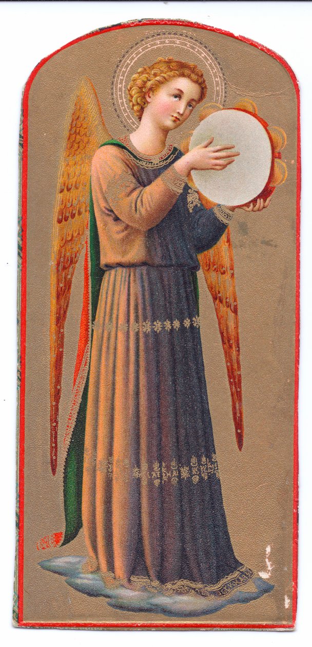 彩色平版印刷fra angelico天使演奏手鼓，c。 1910 作者 弗拉·安杰利科