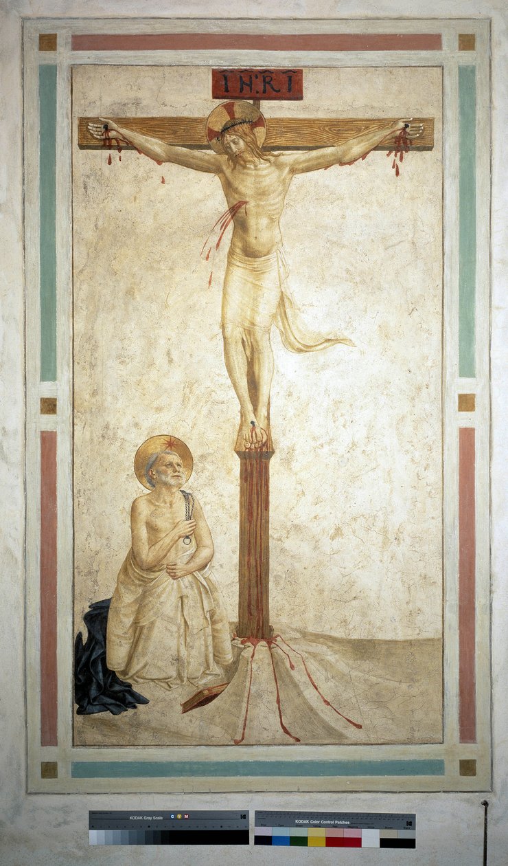 与圣多米尼克受难。十字架上的题词“” INRI“”。 Guido di Pietro的壁画 作者 弗拉·安杰利科