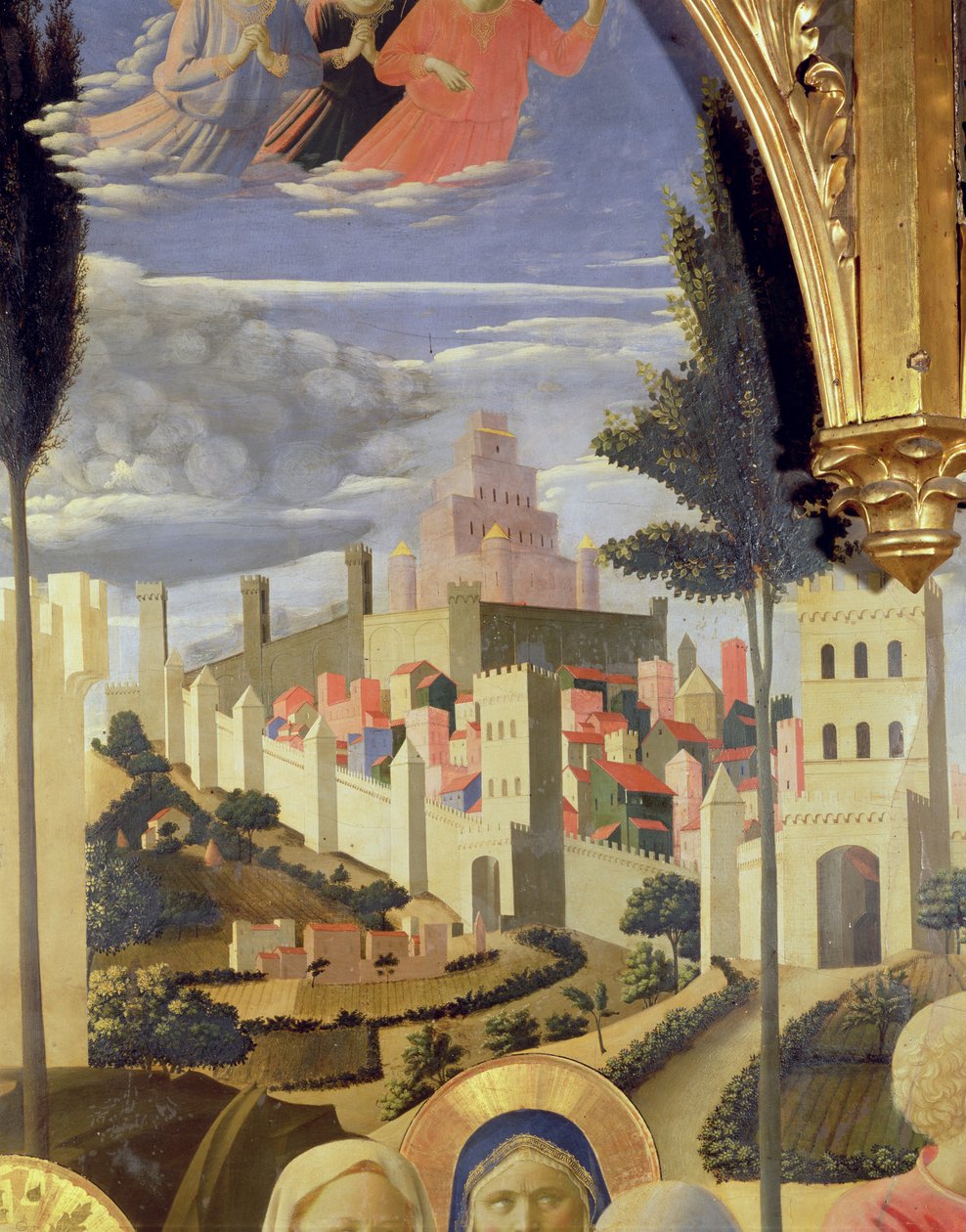 Santa Trinita Altarpiece，耶路撒冷城和所罗门神庙的细节，c.1434蛋彩画和黄金在面板上 作者 弗拉·安杰利科