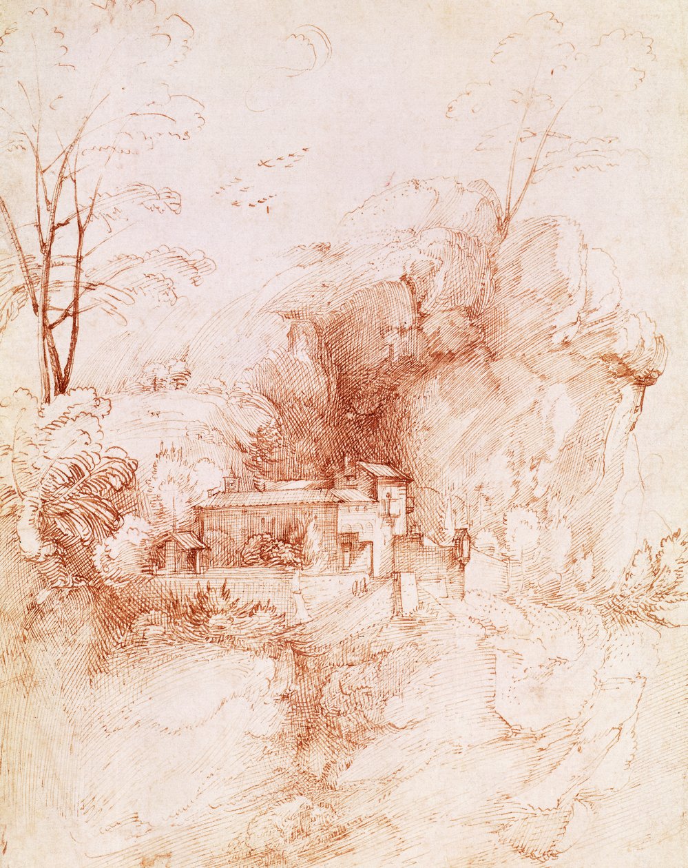 巴托洛梅欧（Fra Bartolomeo，1472-1517 年）绘制的带修道院的岩石景观。 作者 巴托洛梅欧（Fra Bartolomeo）