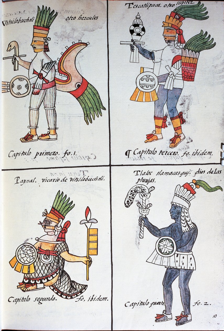 古代墨西哥人的神，Huitzilopochtli、Tezcatlipoca、Tlaloc和Paynal，西班牙文文本，来自手稿《新西班牙事物通史》的传真，也被称为《佛罗伦萨法典》，作者Bernardino de Sahagun 作者 伯纳迪诺·达·萨哈贡