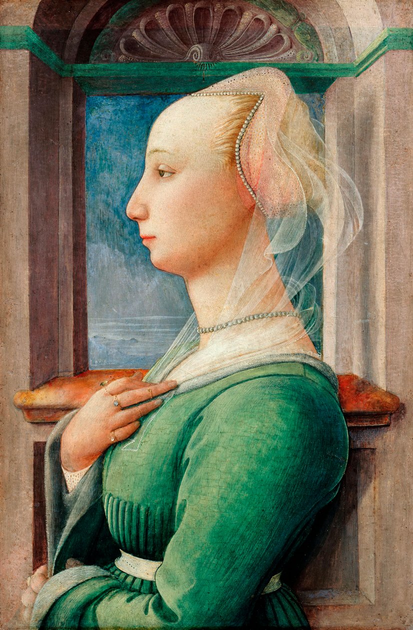 ""Portrait de profil de jeune femme"" (Profile Portrait of a Young Woman) Peinture sur bois de Filippo Lippi (1406-1469), ca 1445 - Oil on wood, 49,5x32,7 - Staatliche Museen, Berlin 作者 菲利波·里皮