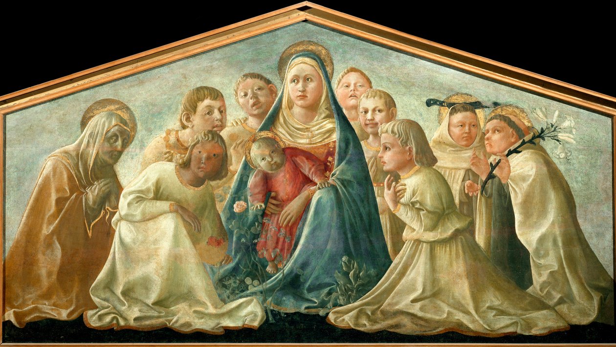 被圣人和天使包围的 Humilite 处女 Filippo Lippi（约 1406-1469 年）约 1432 年作画。 太阳。 89x167,5 cm 米兰，Musei del Castello 作者 菲利波·里皮