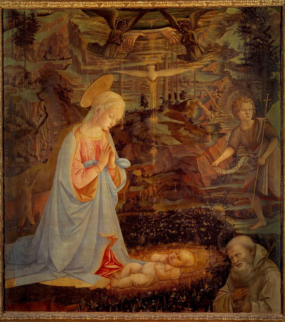 圣母、圣婴耶稣、施洗者圣约翰和克莱尔沃的圣伯纳 (San Bernardo di Chiaravalle) (1090 - 1153) 后者是西斯特修会的创始人和圣殿骑士团的第一位赞助人。 对 w 进行抗震 作者 菲利波·里皮