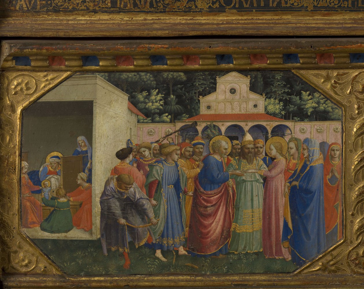 玛丽（Mary）和约瑟夫（Joseph）的报喜台重塑了5个Predella场景，1430-1432年 作者 Fra Giovanni Angelico da Fiesole