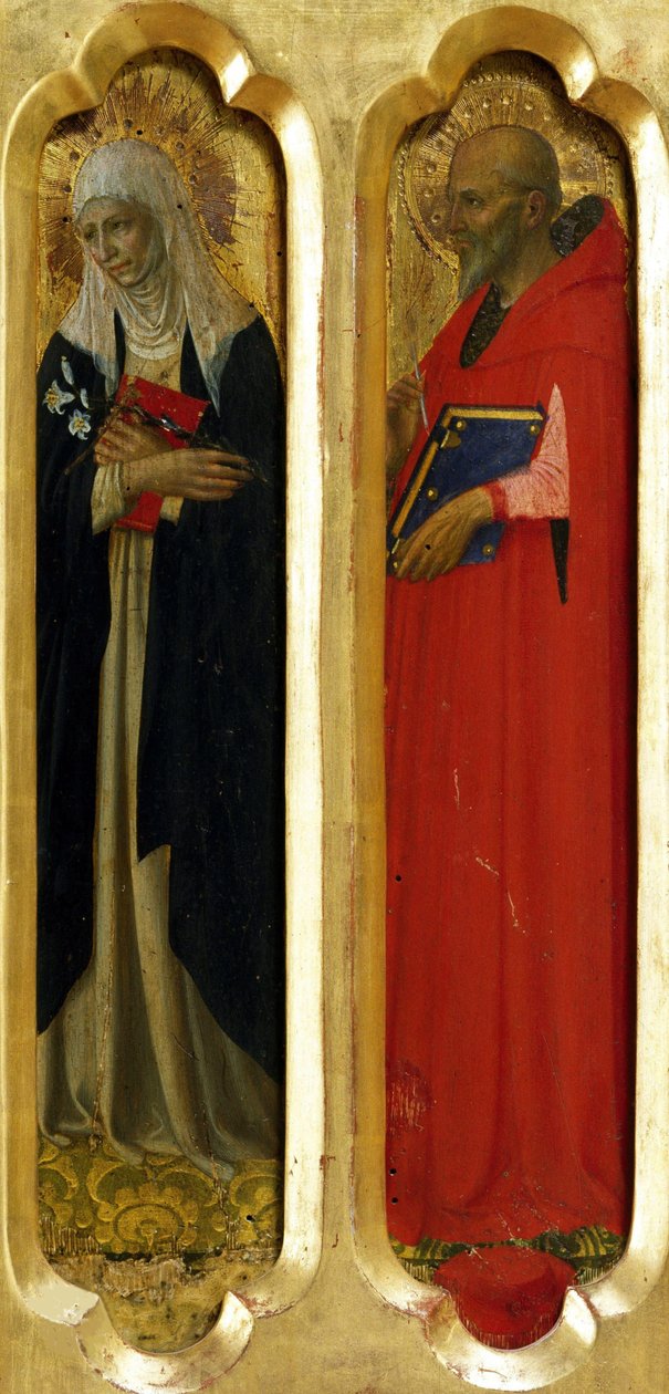 锡耶纳的圣凯瑟琳和圣杰罗姆 来自佩鲁贾祭坛画，约1437年。 作者 Fra Giovanni Angelico da Fiesole