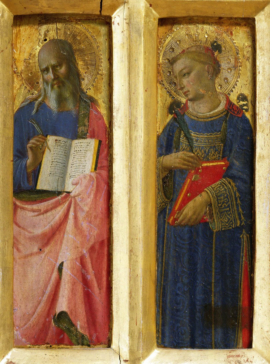传道者圣约翰和圣斯蒂芬 来自佩鲁贾祭坛画，约1437年。 作者 Fra Giovanni Angelico da Fiesole