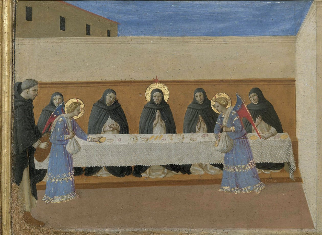 天使们为修士们提供晚餐。科尔托纳Polyptych的predella细节，约1437年。 作者 Fra Giovanni Angelico da Fiesole