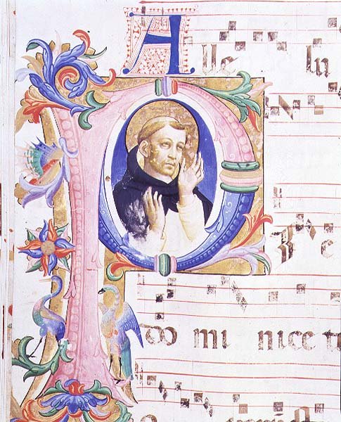 Missal 558 f.24v 历史性的首字母 "P"，描绘了一位男性圣徒。 作者 Fra and Strozzi Zanobi di Benedetto Angelico