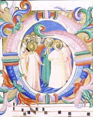Missal 558 f.41v 历史性的首字母 "G"，描绘了五旬节。 作者 Fra and Strozzi Zanobi di Benedetto Angelico