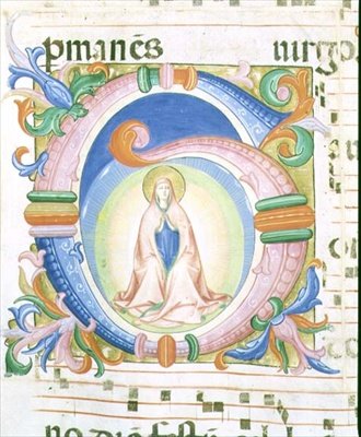 Missal 558 f.92 历史性的首字母 "G"，描绘了圣母的祈祷。 作者 Fra and Strozzi Zanobi di Benedetto Angelico