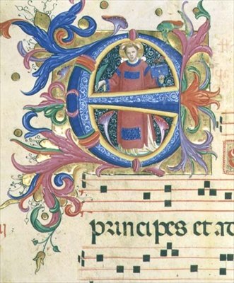 Missal 558 f.156v 历史性的首字母 "E "描绘了圣斯蒂芬。 作者 Fra and Strozzi Zanobi di Benedetto Angelico