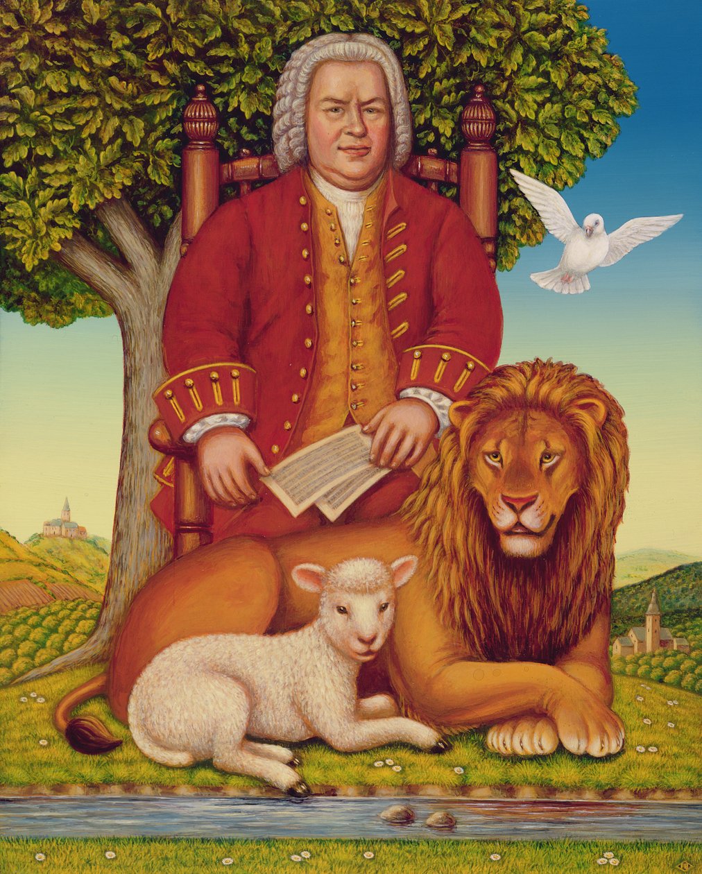JS Bachs（1685-1750）Peaceable Kingdom，2000（面板上的油和蛋彩画） 作者 弗朗西斯·布鲁姆菲尔德
