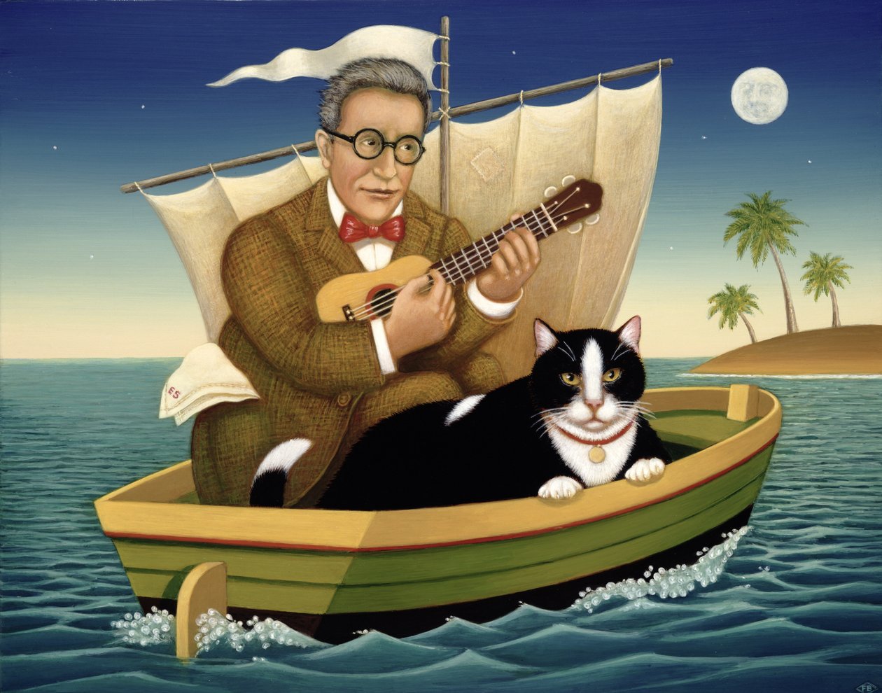 猫头鹰和猫咪，1998年（面板上的油和蛋彩画） 作者 弗朗西斯·布鲁姆菲尔德