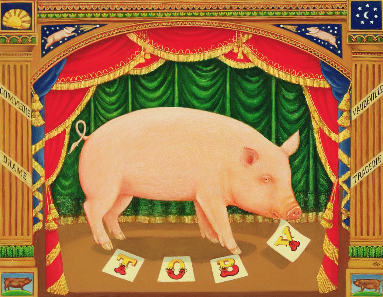 Toby the Learned Pig，1998（面板上的油和蛋白） 作者 弗朗西斯·布鲁姆菲尔德