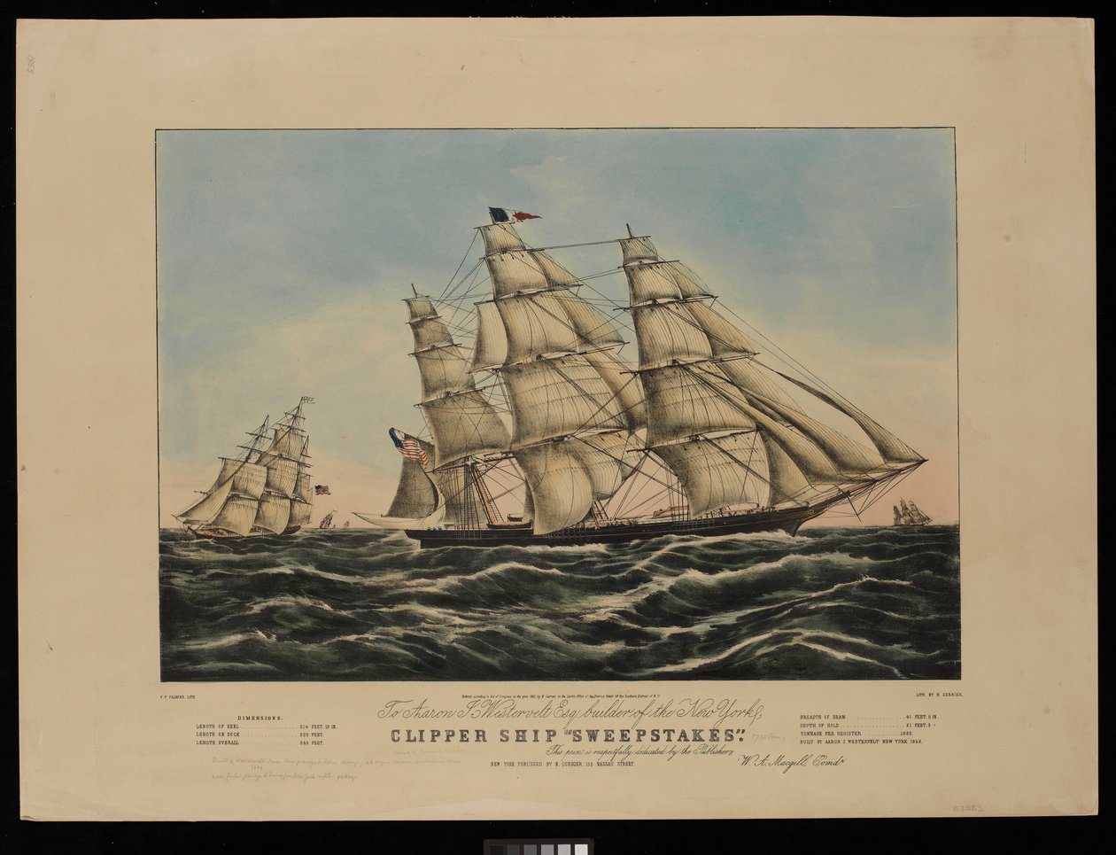 纽约快船 "Sweepstakes "号的建造者 Aaron J Westervelt Esq......，石版画，彩色（石版画，彩色） 作者 弗朗西斯·弗洛拉·邦德（Frances Flora Bond，c.1812-76）（继）·帕尔默
