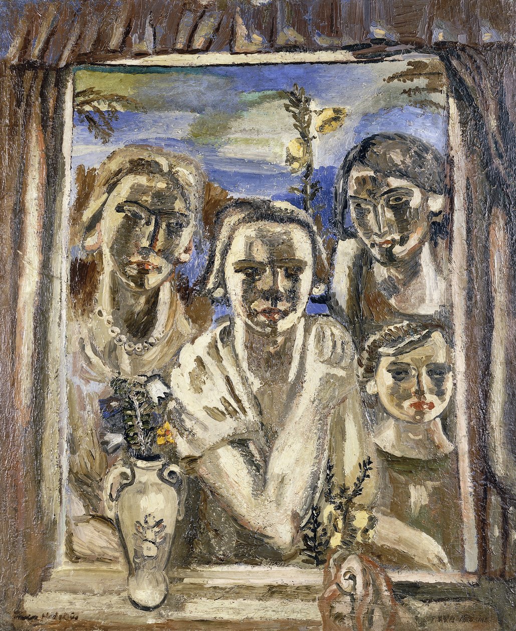 The Family, c.1926-1930 (oil on canvas)   1417114   zh       chinese Successfully Translated  Original: La guerisseuse (Witch Doctor). Dans une cabane pauvre et rurale, deux femmes aux pieds nus et habillees de robes folkloriques observent avec anxiete un  作者 弗朗西斯·霍奇金斯