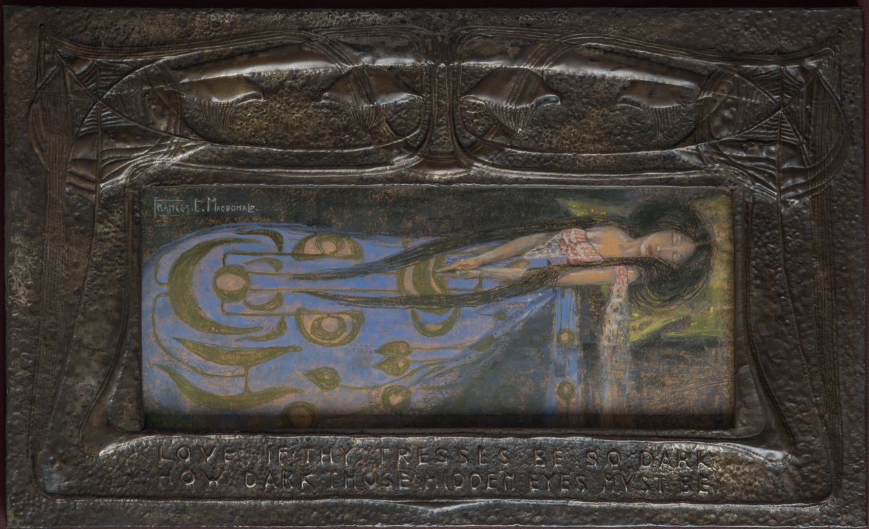 Love If Thy Tresses Be So Dark That Hidden Eyes Must Be, 大约 1896 年（敲击金属） 作者 弗朗西斯·麦克唐纳