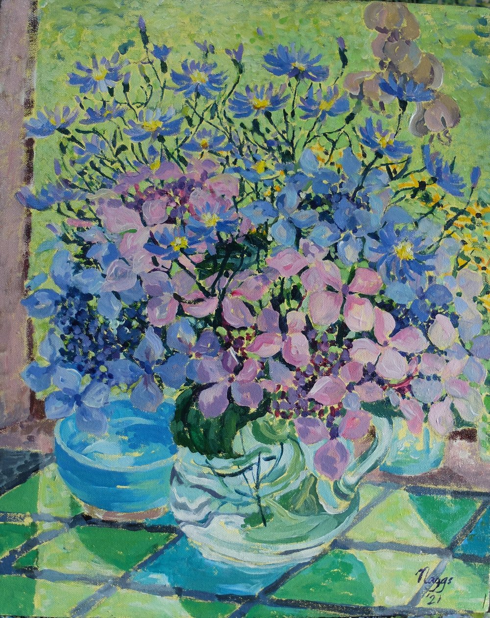 绣球花和米迦勒雏菊，2021 年（布面丙烯画） 作者 弗朗西斯·纳格斯