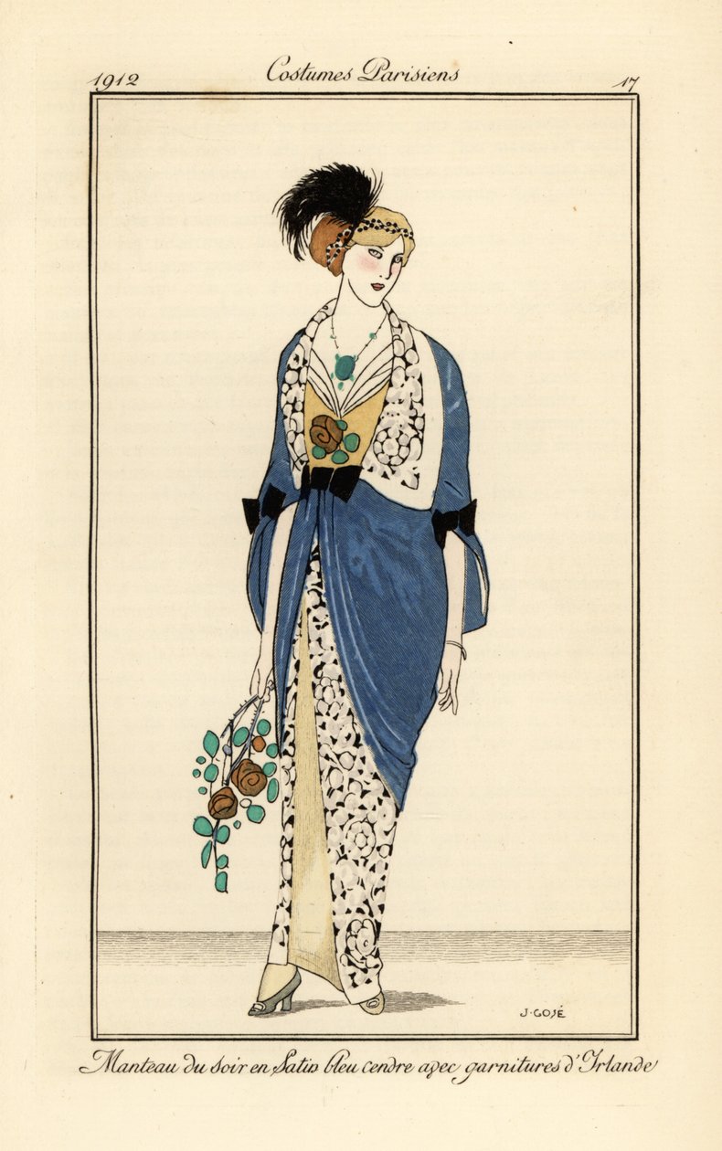 Woman in evening gown of ash blue satin with Irish lace. Manteau du soir en satin bleu cendre avec garnitures d’Irlande. Handcoloured pochoir (stencil) etching after an illustration by Xavier Gose from Tommaso Antongini’s Journal des Dames et des Modes, Au 作者 弗朗西斯科·泽维尔·戈塞