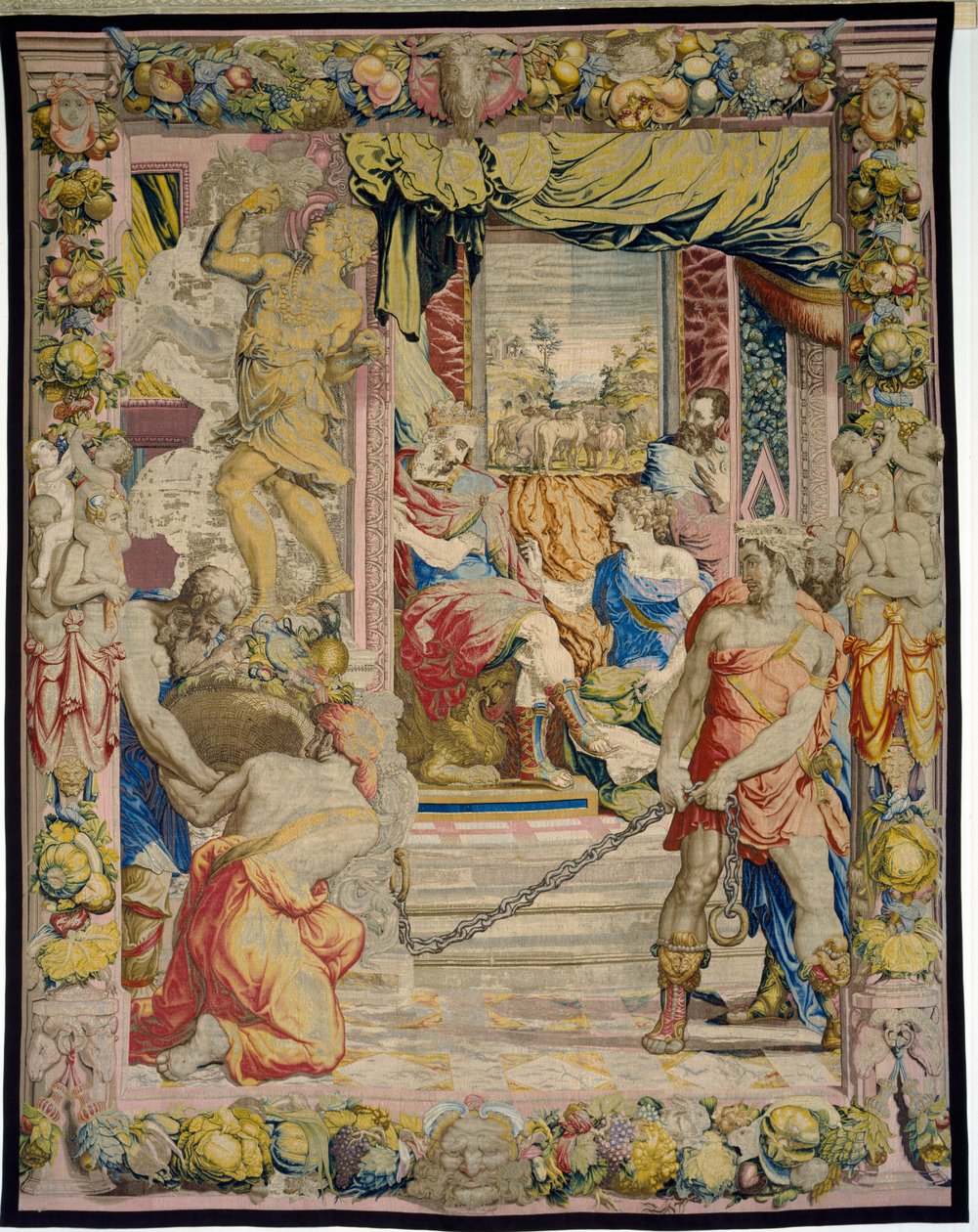 约瑟夫向法老解释他对胖牛和瘦牛的梦想，来自Sala dei Dugento，1546-53（挂毯） 作者 Francesco和Karcher，N Salviati