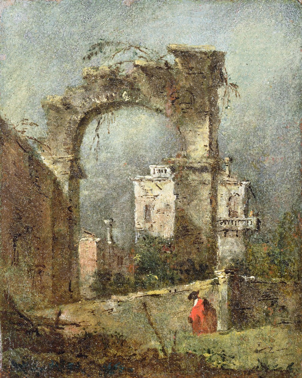 Capriccio  - 一个废墟拱门，18世纪 作者 弗朗切斯科·瓜迪（Francesco Guardi）