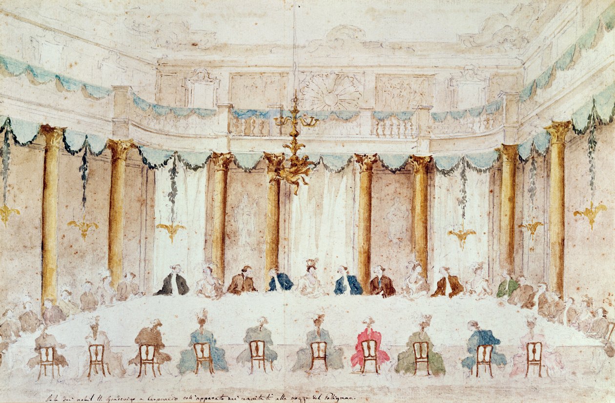 庆祝Armand婚礼的节日晚宴（1771-1847）Polignac公爵在1790年Carpenedo Villa Gradenigo的Neukirchen男爵夫人男爵夫人（用石墨笔在墨水上涂上墨水） 作者 弗朗切斯科·瓜迪（Francesco Guardi）
