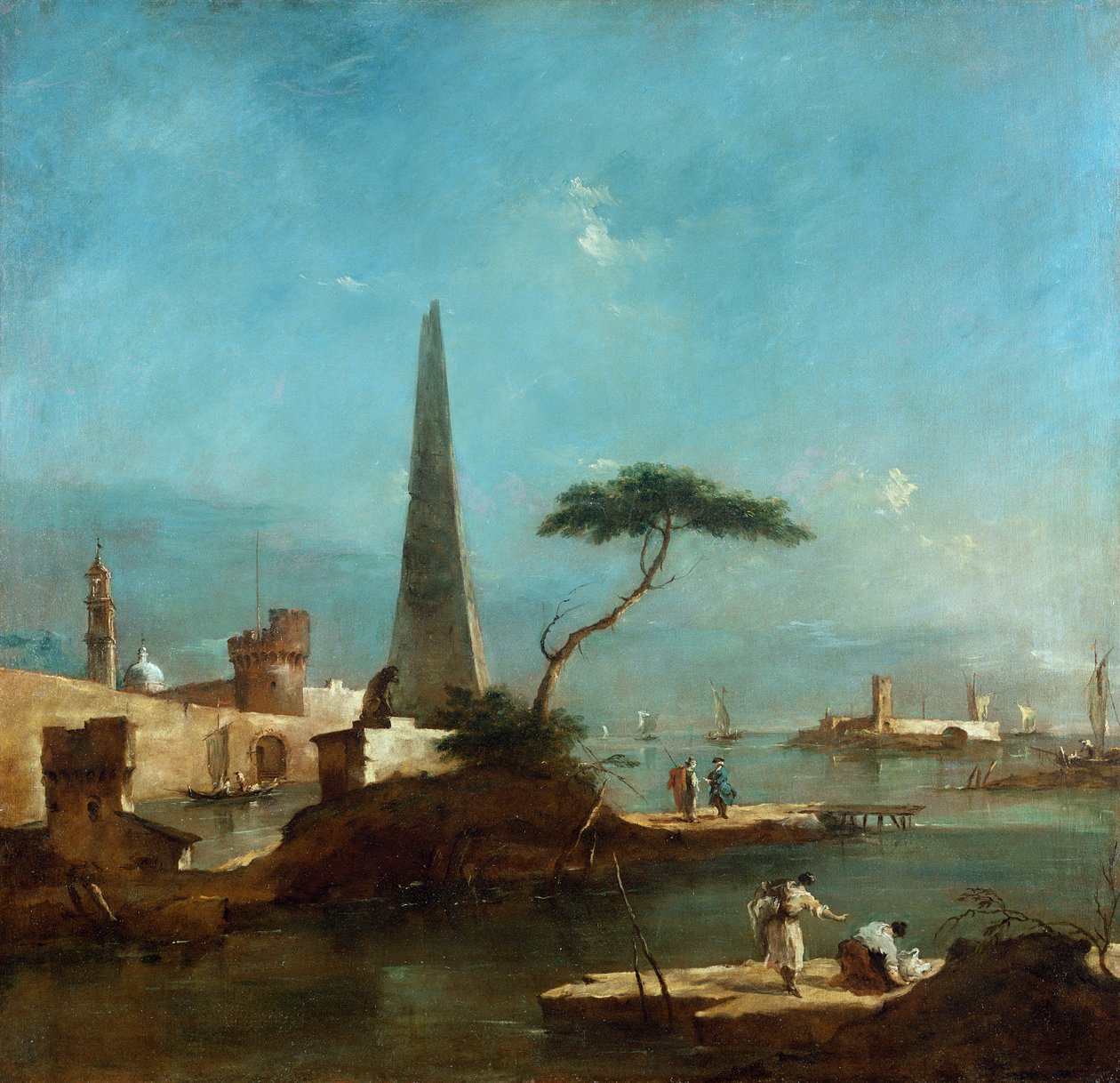 在有围墙的港口入口旁边的方尖碑 作者 弗朗切斯科·瓜迪（Francesco Guardi）