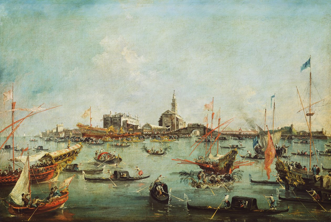 在SanNicolòdelLido前面的Bucentaur上的总督，在耶稣升天日，1766-70 作者 弗朗切斯科·瓜迪（Francesco Guardi）