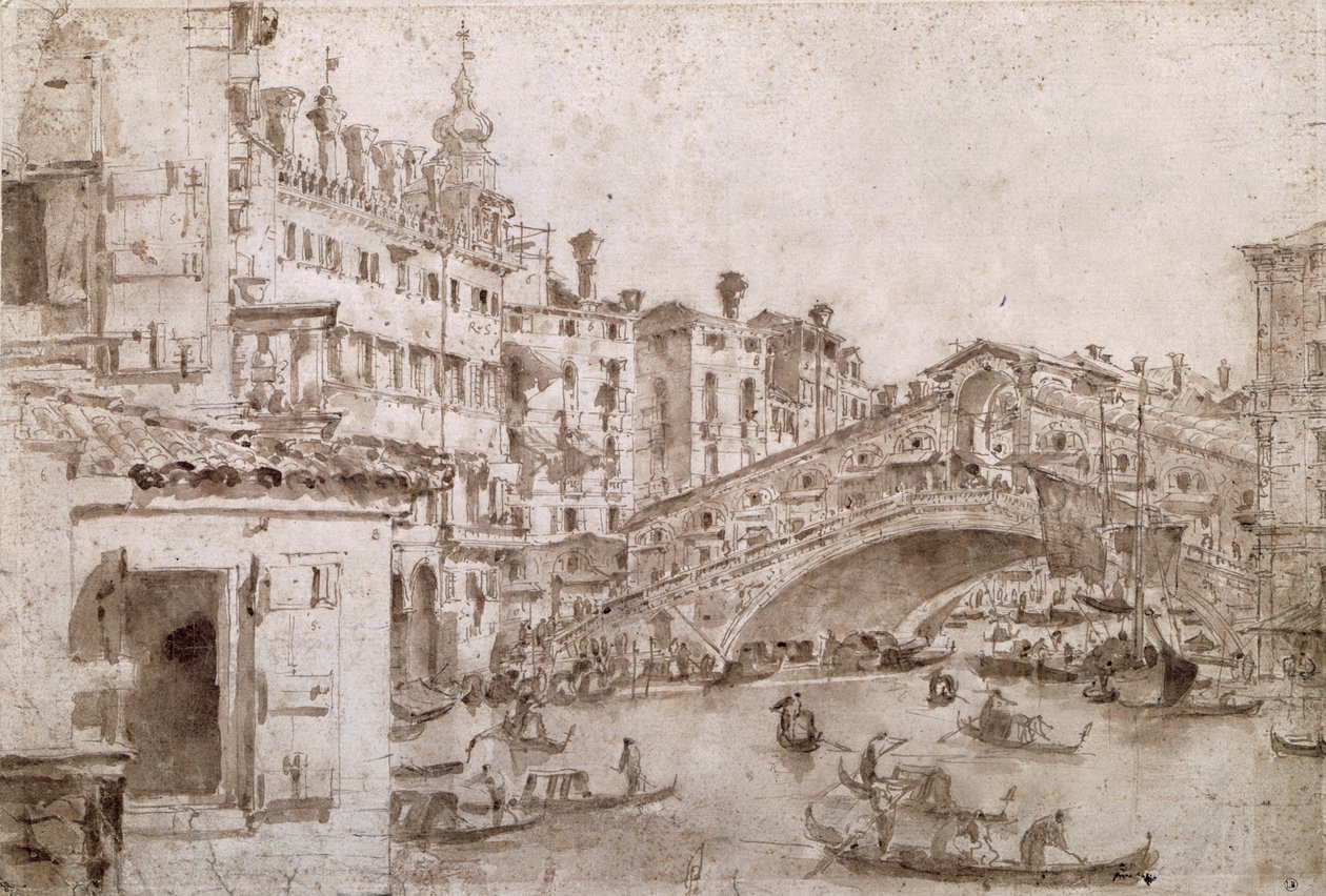 威尼斯里亚托桥（笔和纸上的棕色墨水） 作者 弗朗切斯科·瓜迪（Francesco Guardi）