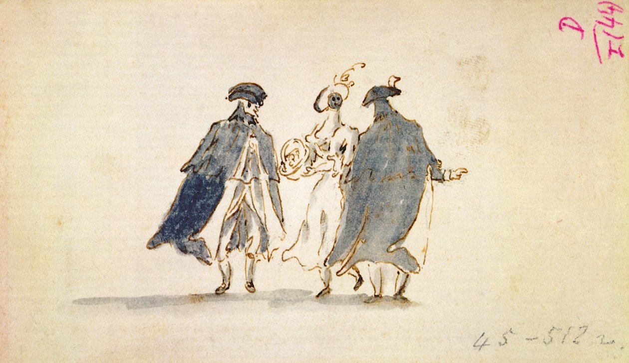 狂欢节服装中的三个蒙面人物 作者 弗朗切斯科·瓜迪（Francesco Guardi）