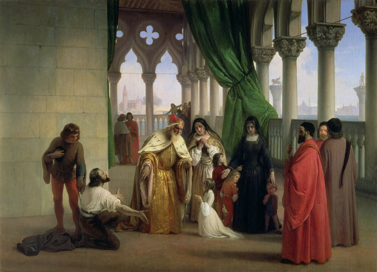 The Two Foscari：威尼斯总督Francesco Foscari（c.1372-1457）在流亡期间将他的儿子Jacopo驱逐出叛国信件;布莱恩的诗剧&39;The Two Foscari&39;主题 作者 弗朗切斯科·海耶兹（Francesco Hayez）