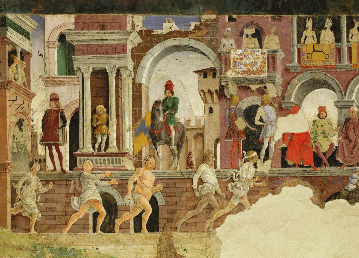 4月的寓言：在Borso dEste广场演出，跑步行人的细节，1469-70，壁画 作者 弗朗切斯科德尔科萨