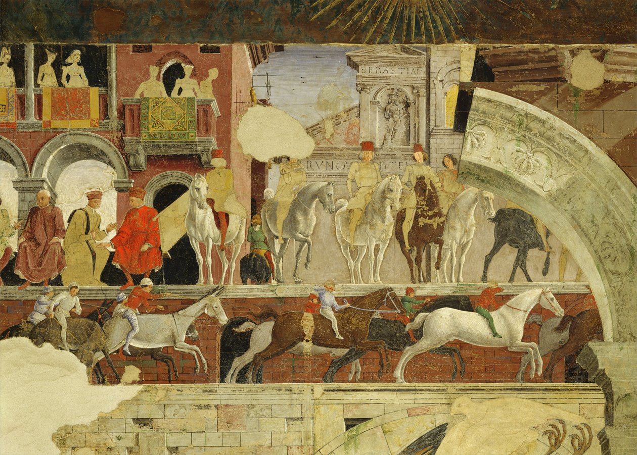 4月的寓言：在Borso dEste广场演出，马和驴跑的细节，1469-70，壁画 作者 弗朗切斯科德尔科萨