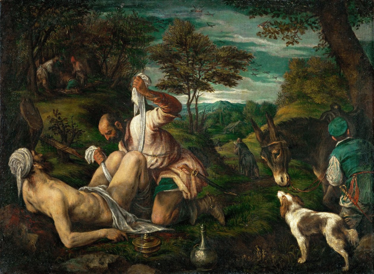 Le bon samaritain - 好撒玛利亚人的寓言，由年轻的弗朗切斯科 (1549-1592) 的巴萨诺 (Bassano) 撰写。 布面油画，约。 1575. 尺寸：73x98,4 厘米。 维也纳艺术史博物馆 作者 弗朗切斯科·巴萨诺（Francesco Bassano）