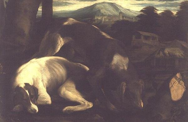 两只猎狗，约1555年 作者 弗朗切斯科·巴萨诺（Francesco Bassano）