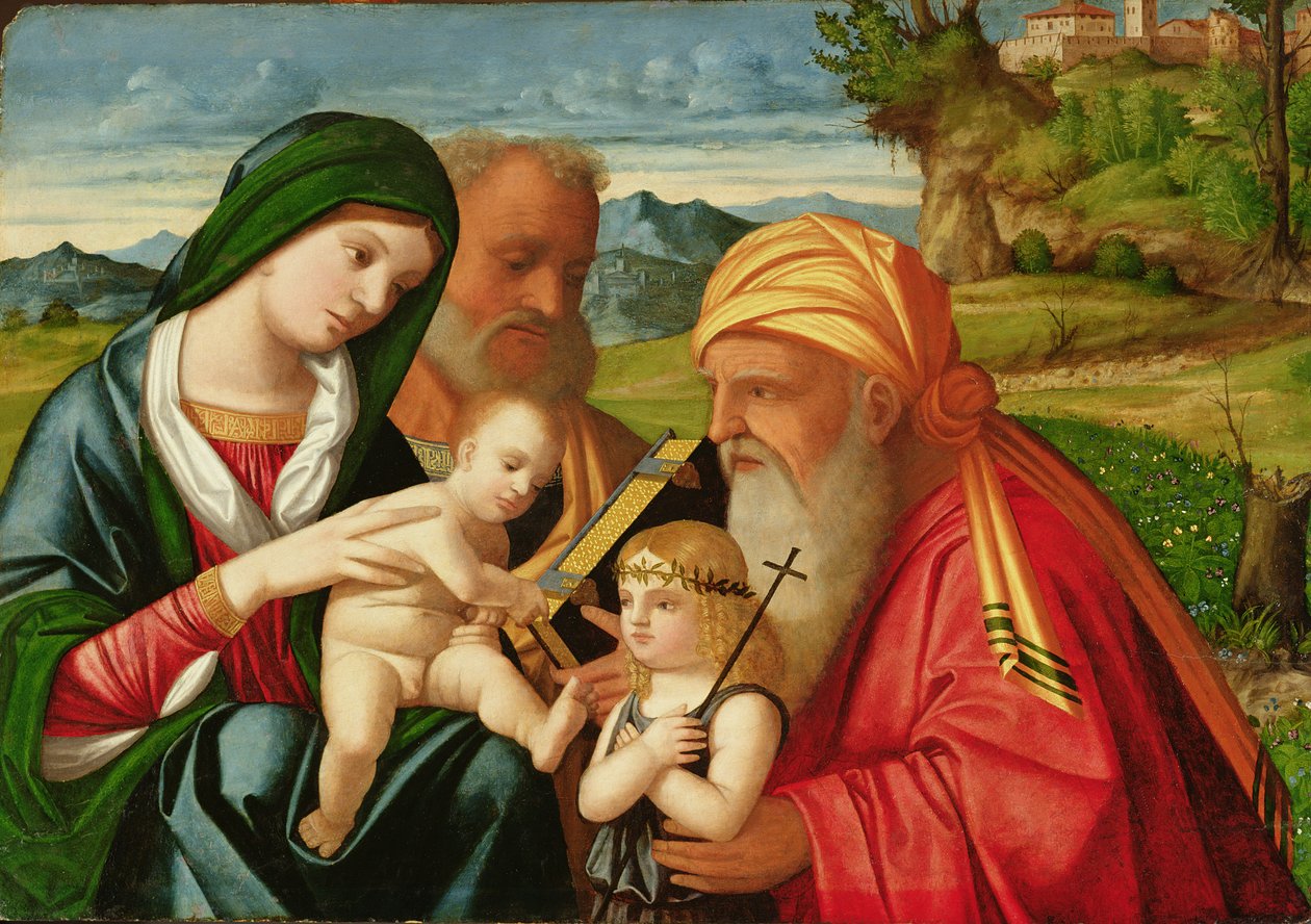 神圣家庭与圣西缅和施洗约翰，16 世纪早期（油画板） 作者 Francesco (fl.1508-45) Rizzi da Santacroce